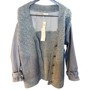 NWT Pilcro Anthropology Wmns M Gray Moto Mixed Media Cable Knit Denim Jacket